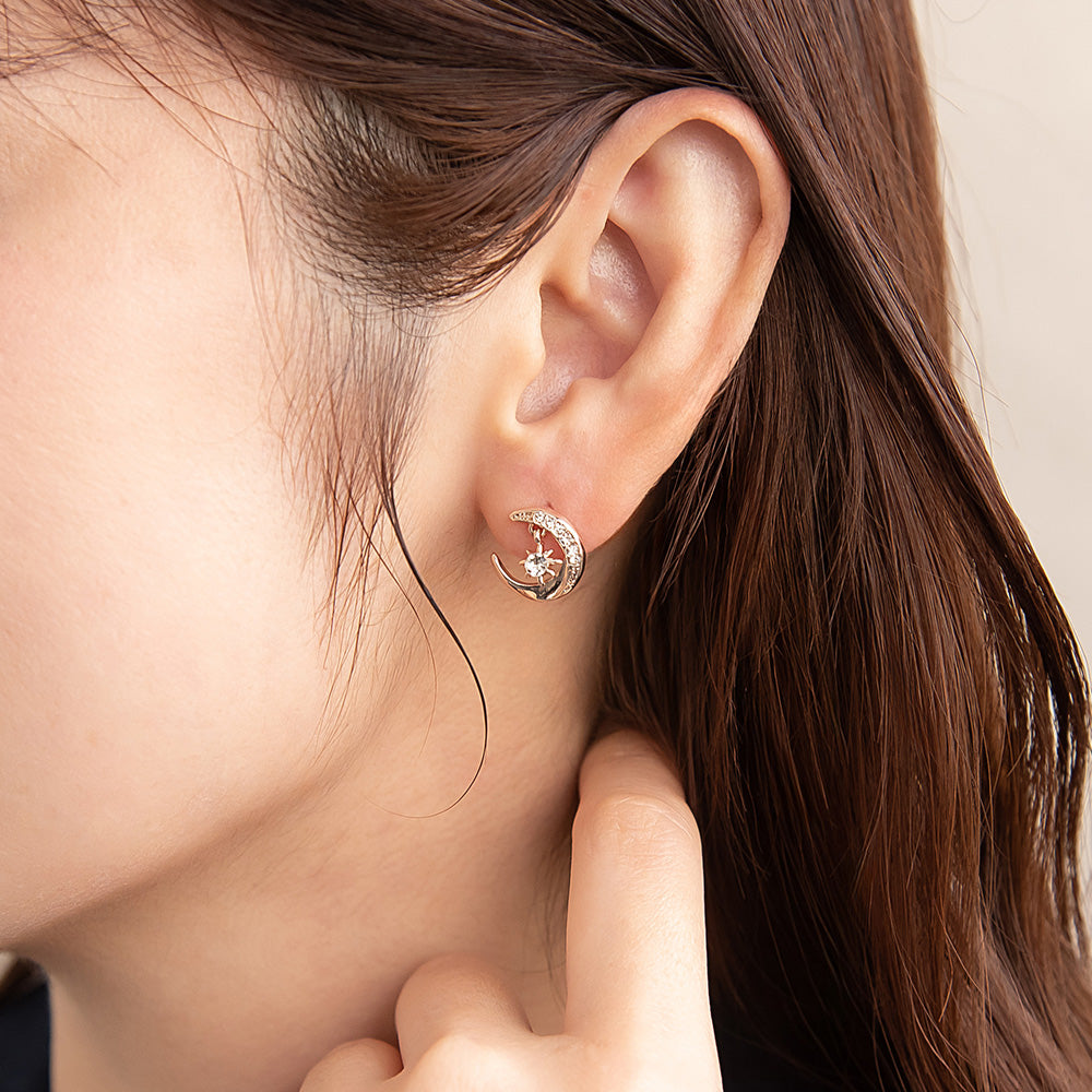 Rose Silver Tone Sparkling Moon Earrings