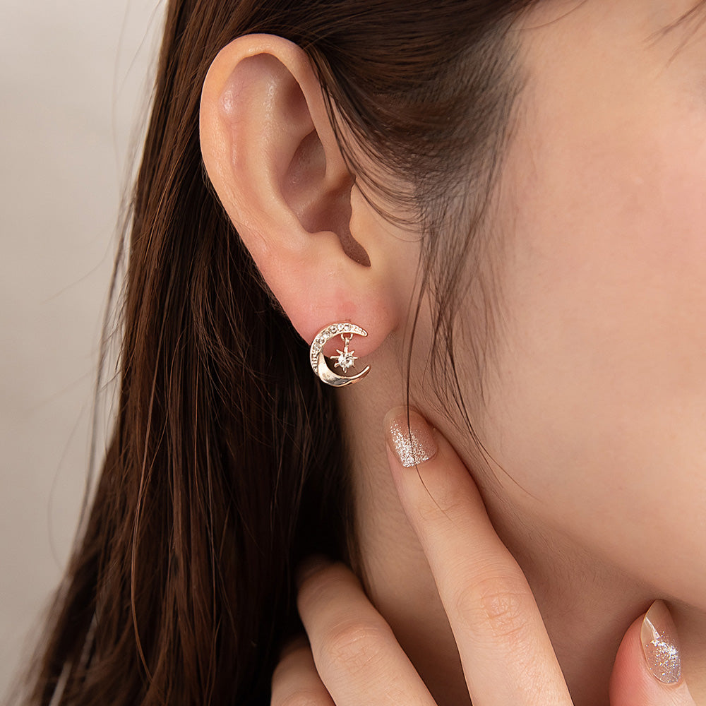 Rose Silver Tone Sparkling Moon Earrings