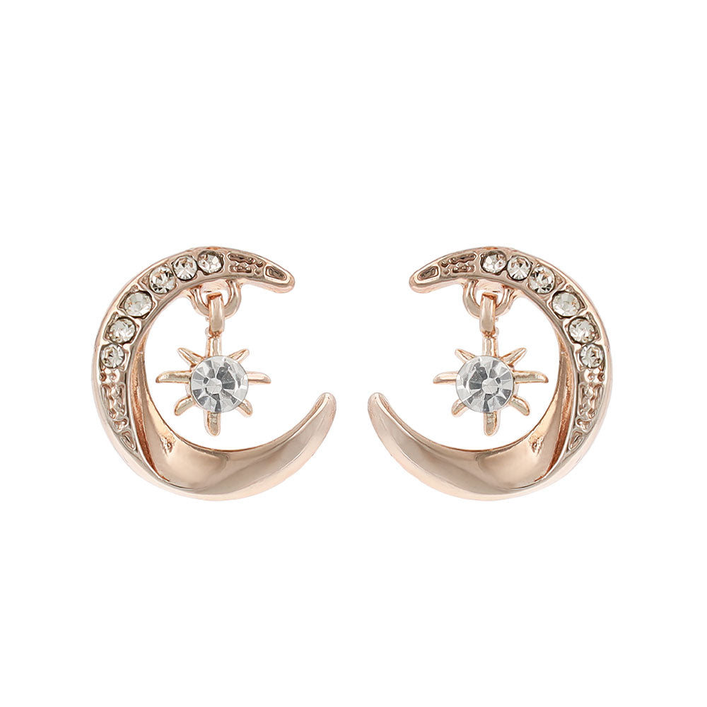 Rose Silver Tone Sparkling Moon Earrings