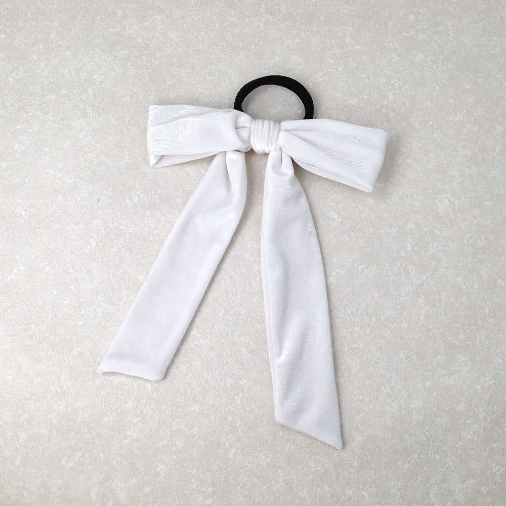 White Velvet Long Tail Bow Ponytail Holder - osewaya