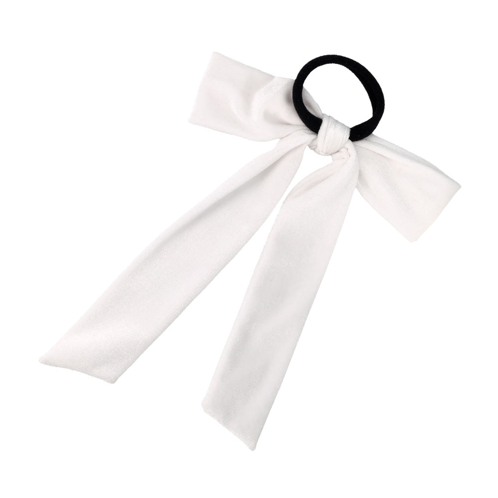 White Velvet Long Tail Bow Ponytail Holder