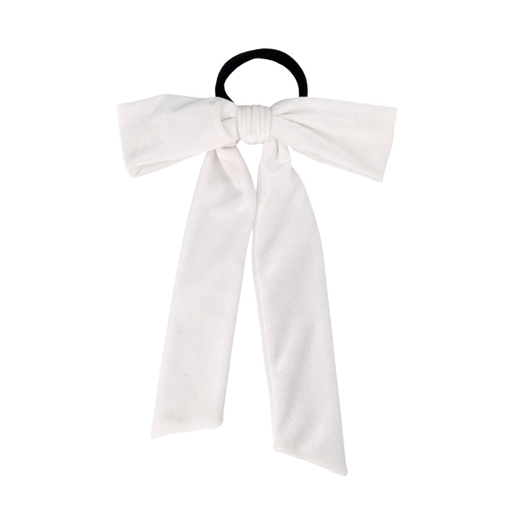 White Velvet Long Tail Bow Ponytail Holder