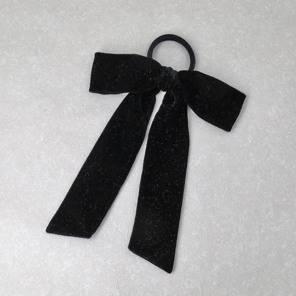 Glittery Black Long Tail Bow Ponytail Holder - osewaya