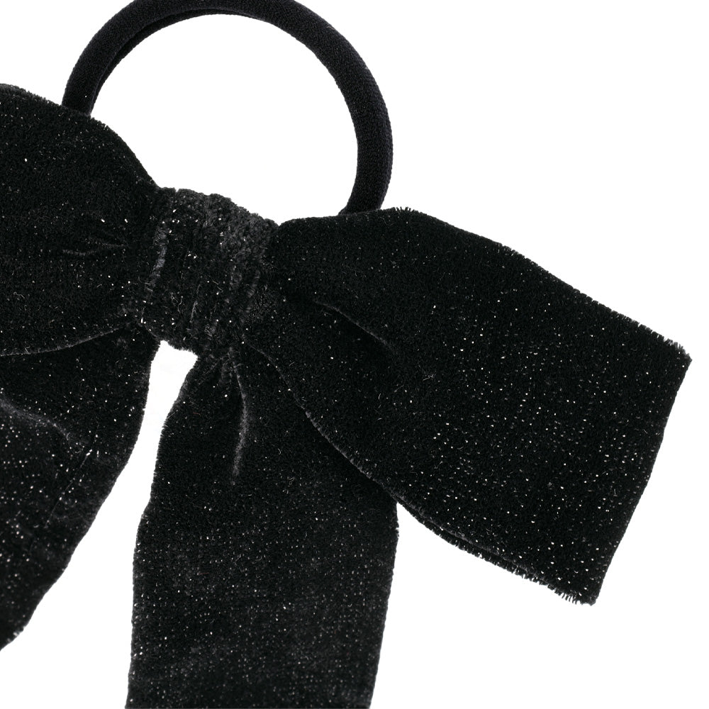 Glittery Black Long Tail Bow Ponytail Holder