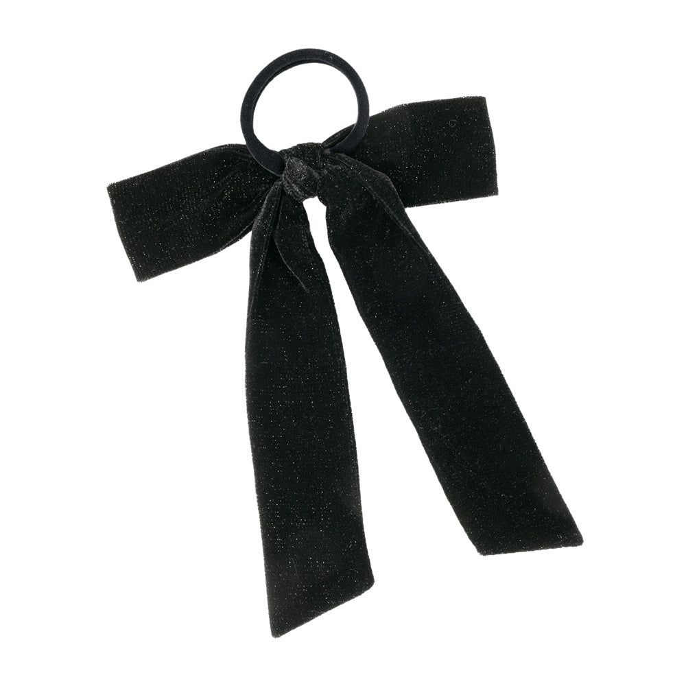 Glittery Black Long Tail Bow Ponytail Holder