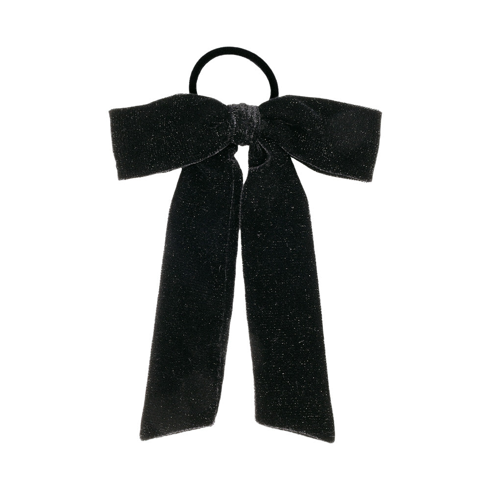 Glittery Black Long Tail Bow Ponytail Holder