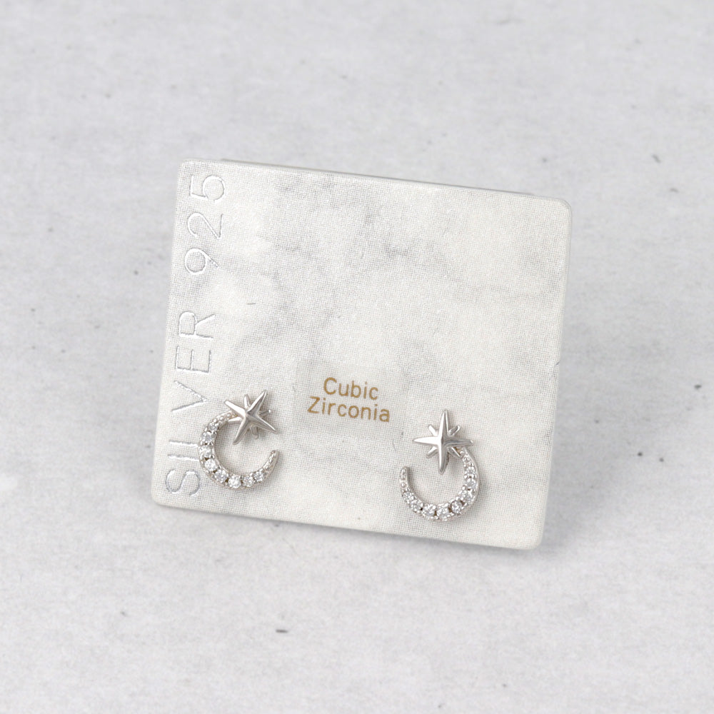 925 Silver Mini CZ Moon Star Studs