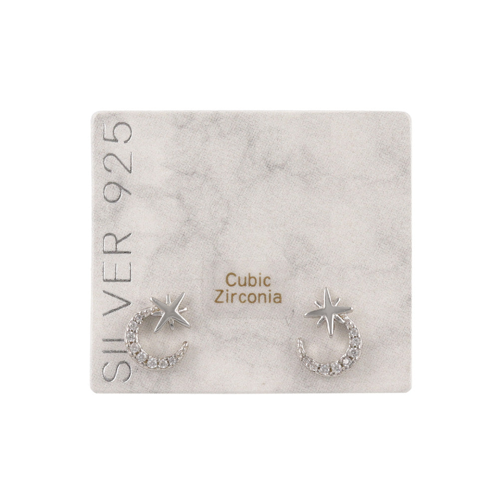 925 Silver Mini CZ Moon Star Studs