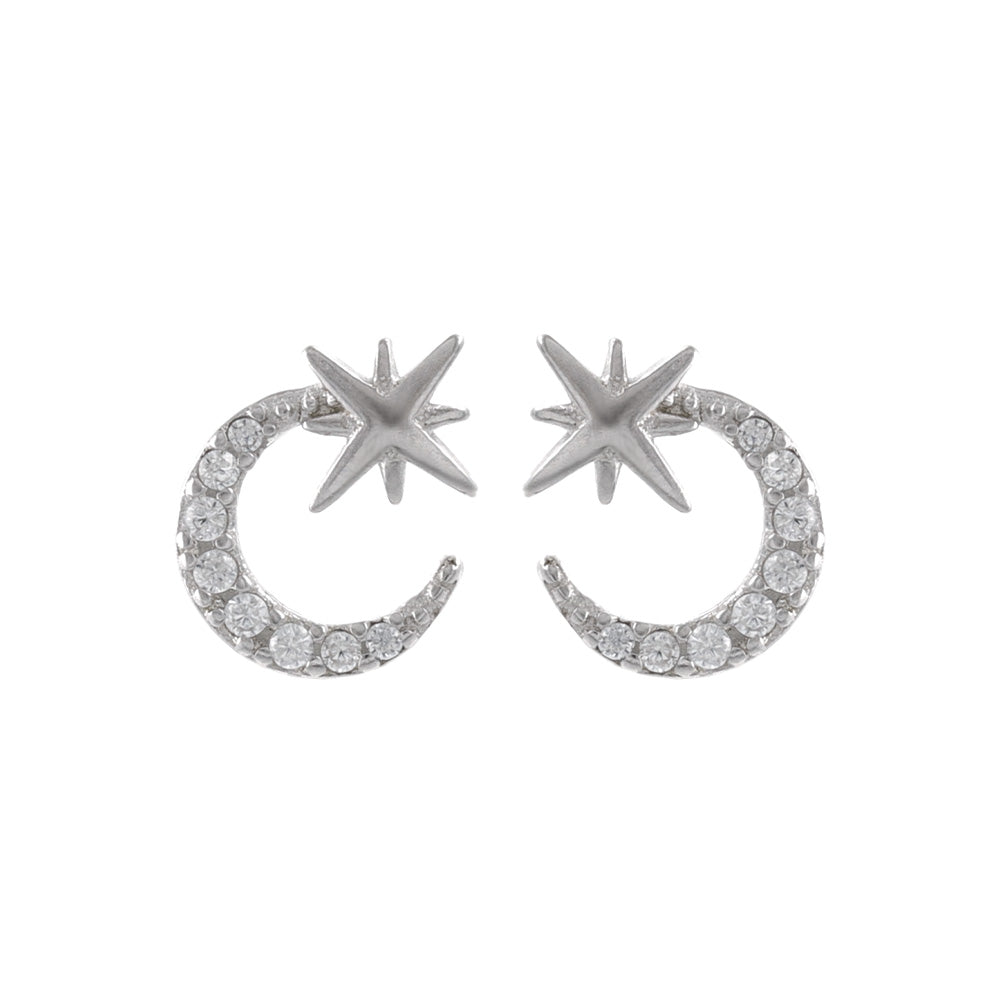925 Silver Mini CZ Moon Star Studs