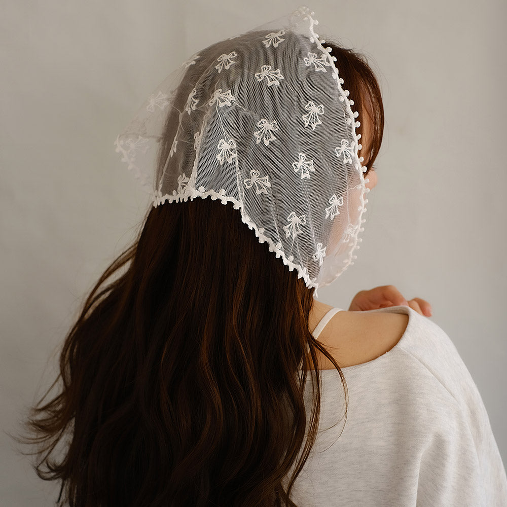 Embroidered Bow Tulle Triangle Headscarf