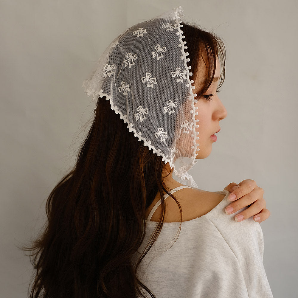 Embroidered Bow Tulle Triangle Headscarf