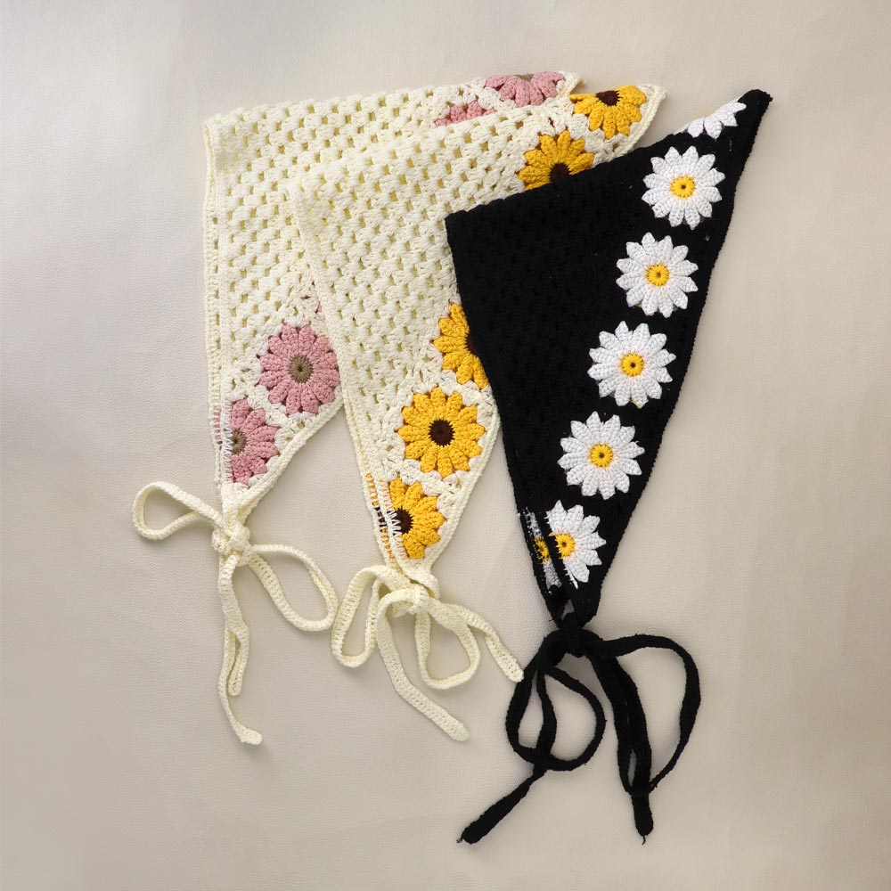 Crochet Flower Triangle Headscarf - osewaya