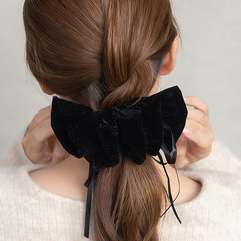 Skinny Bow Glittery Ruffle Barrette - osewaya