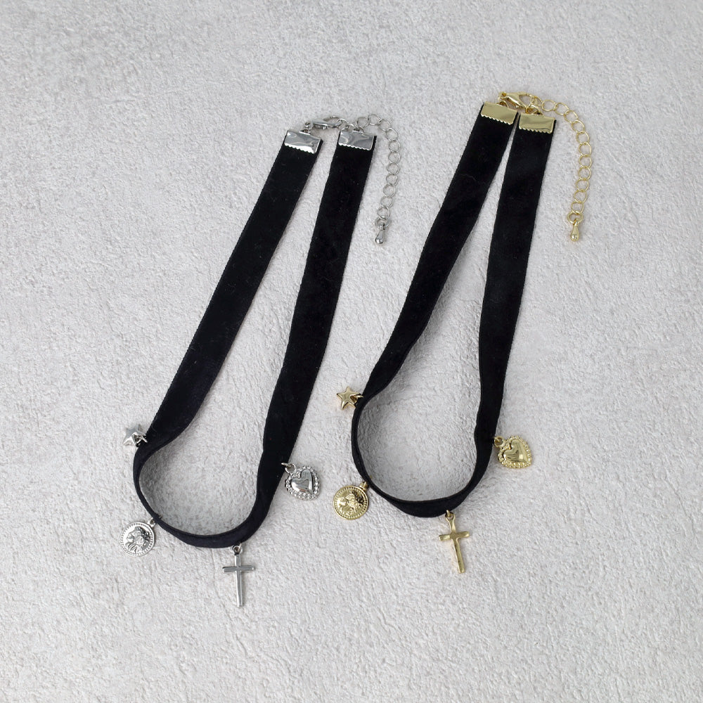 Multi Charm Velour Choker Necklace - osewaya