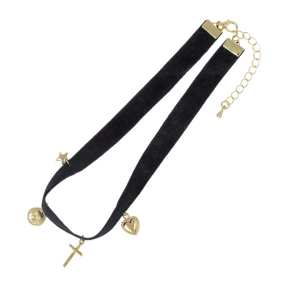 Multi Charm Velour Choker Necklace