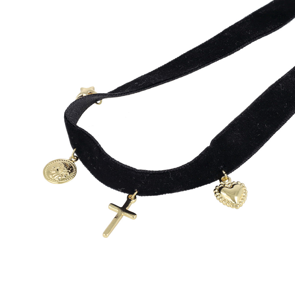 Multi Charm Velour Choker Necklace