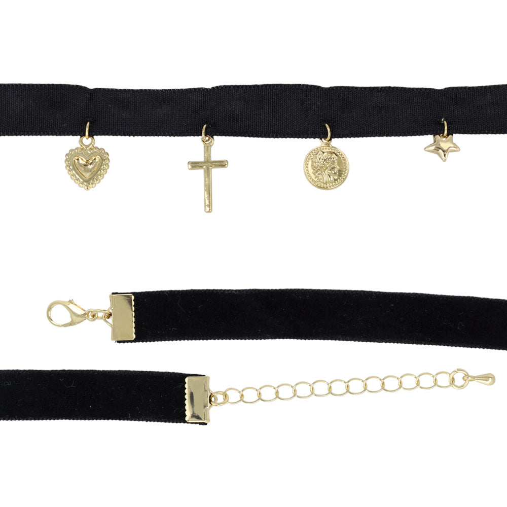 Multi Charm Velour Choker Necklace
