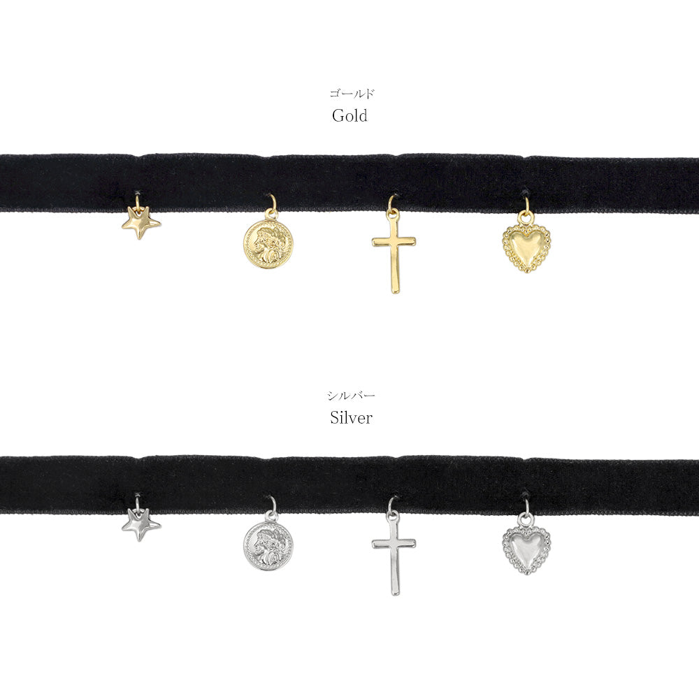 Multi Charm Velour Choker Necklace