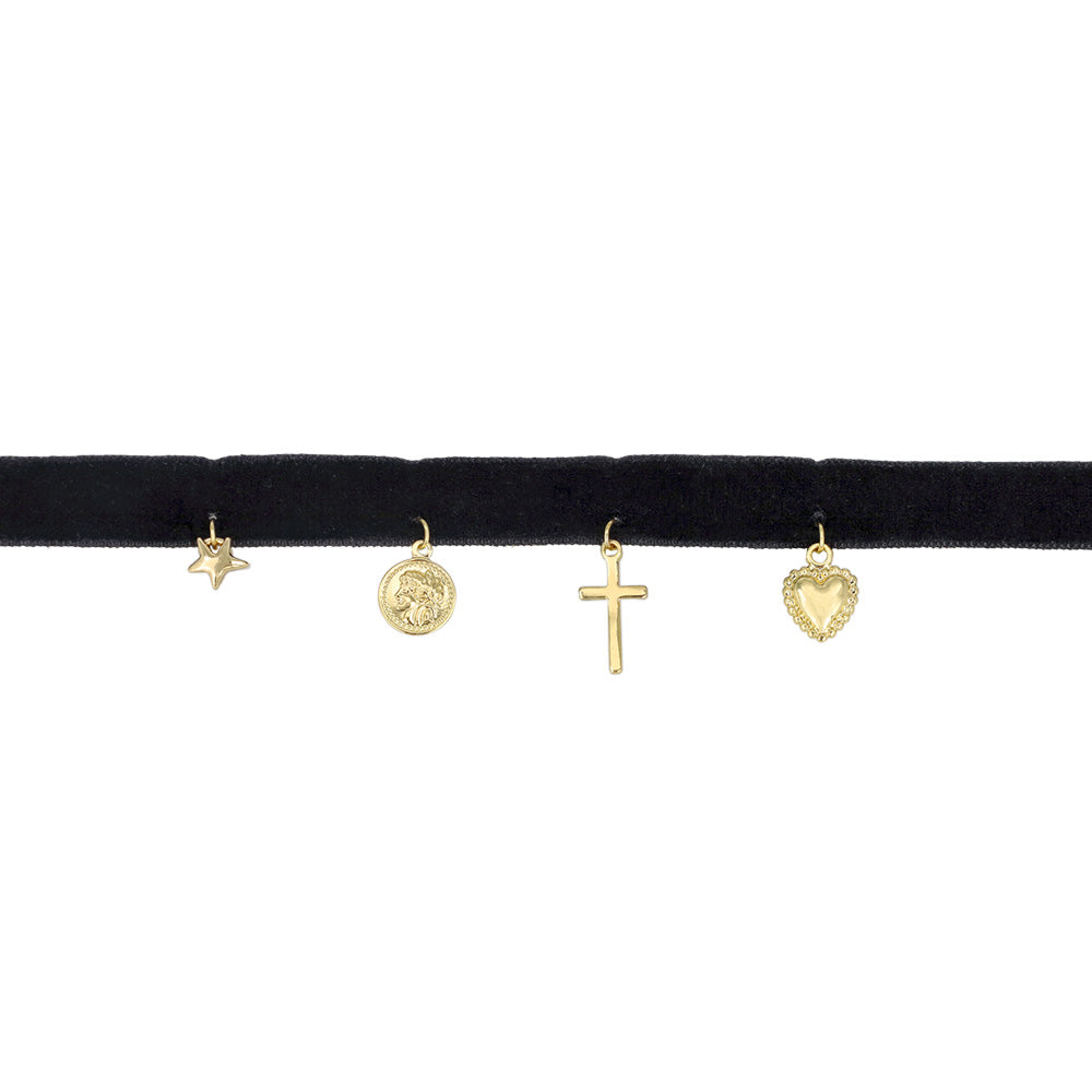 Multi Charm Velour Choker Necklace