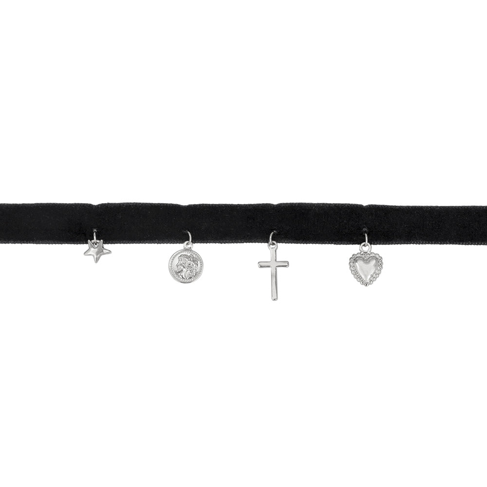 Multi Charm Velour Choker Necklace