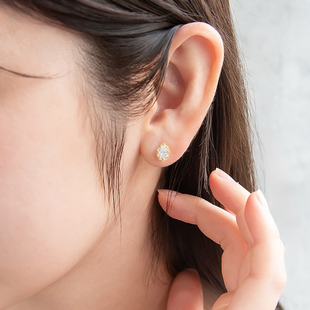 CZ Textured Bezel Pear Studs