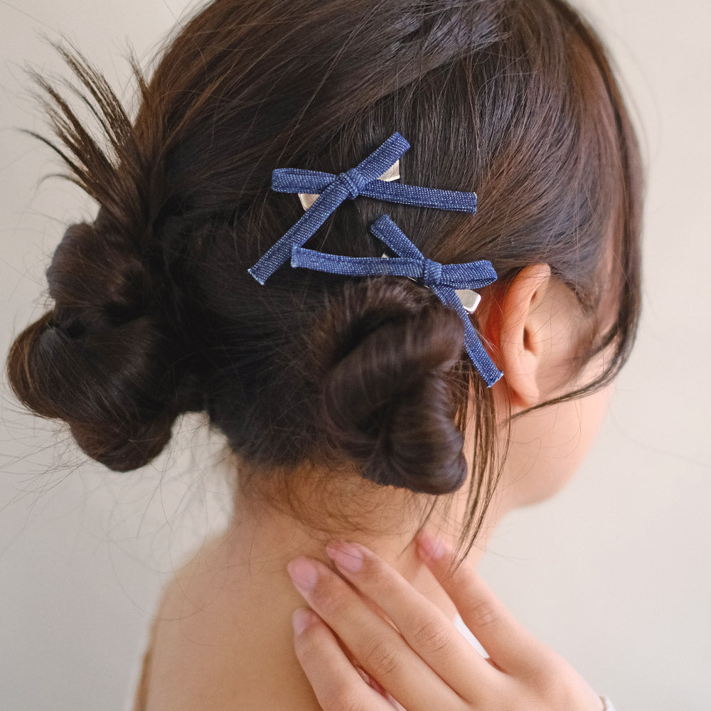 Thin Denim Bow Pinch Clip Set