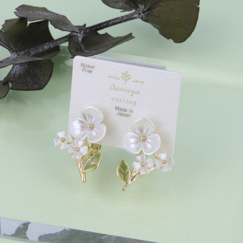 White Flower Clip On Earrings