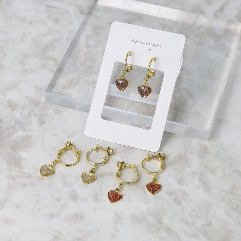 Glittery Heart Drop Clip On Hoops