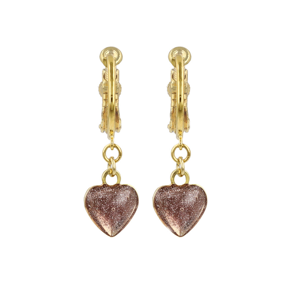 Glittery Heart Drop Clip On Hoops