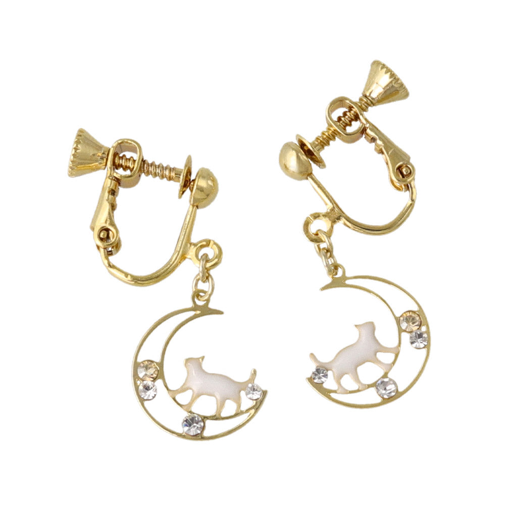 Moon and Cat Clip On Earrings