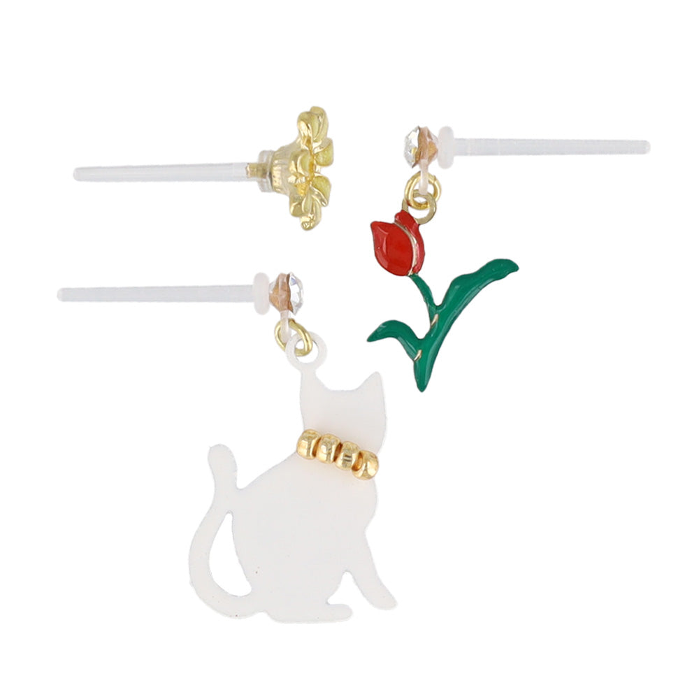 Cat and Flower Plastic Earring Set