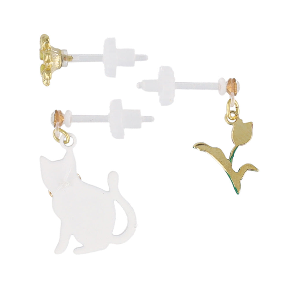Cat and Flower Plastic Earring Set