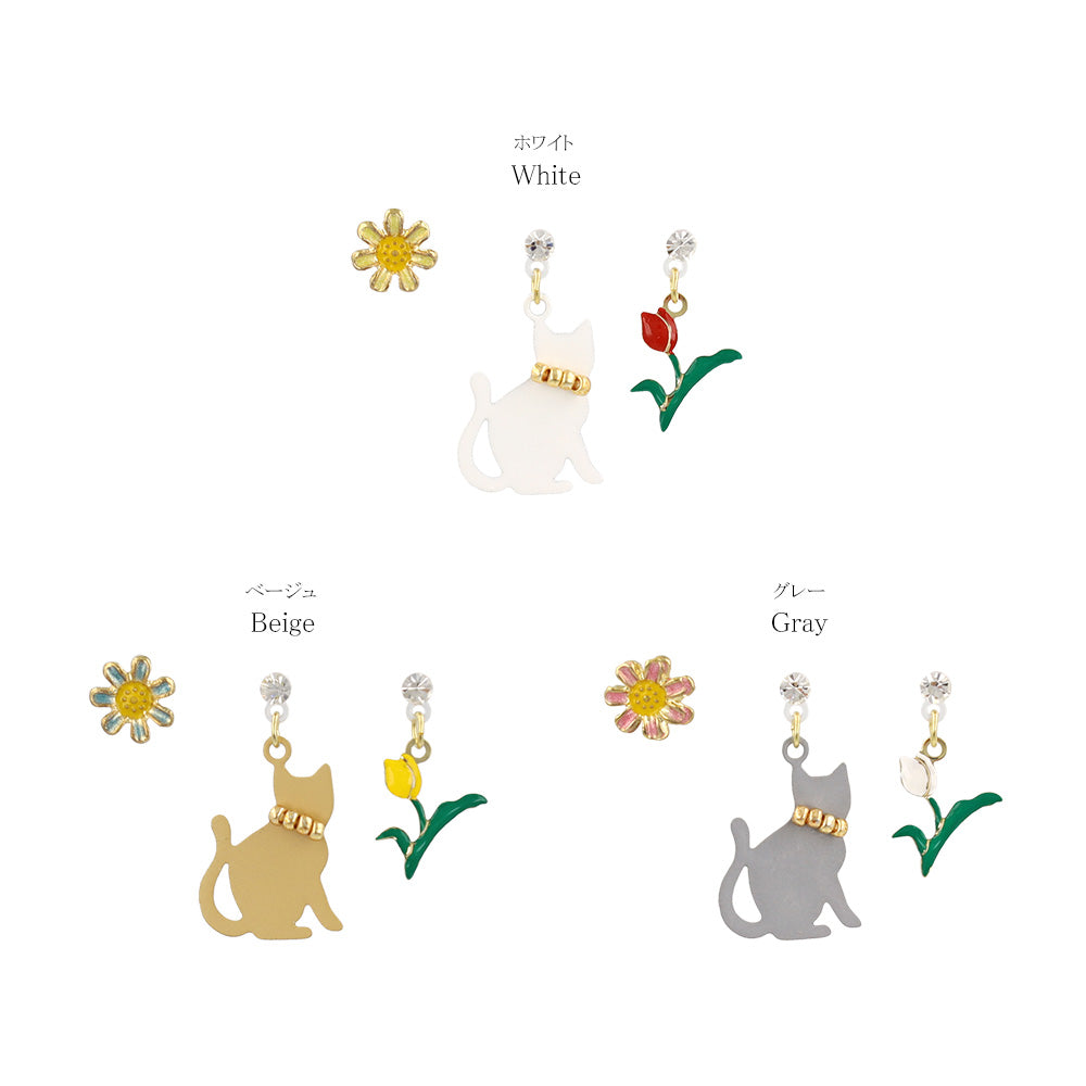 Cat and Flower Plastic Earring Set