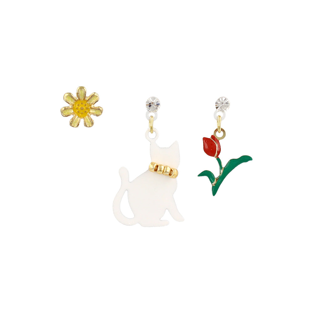 Cat and Flower Plastic Earring Set