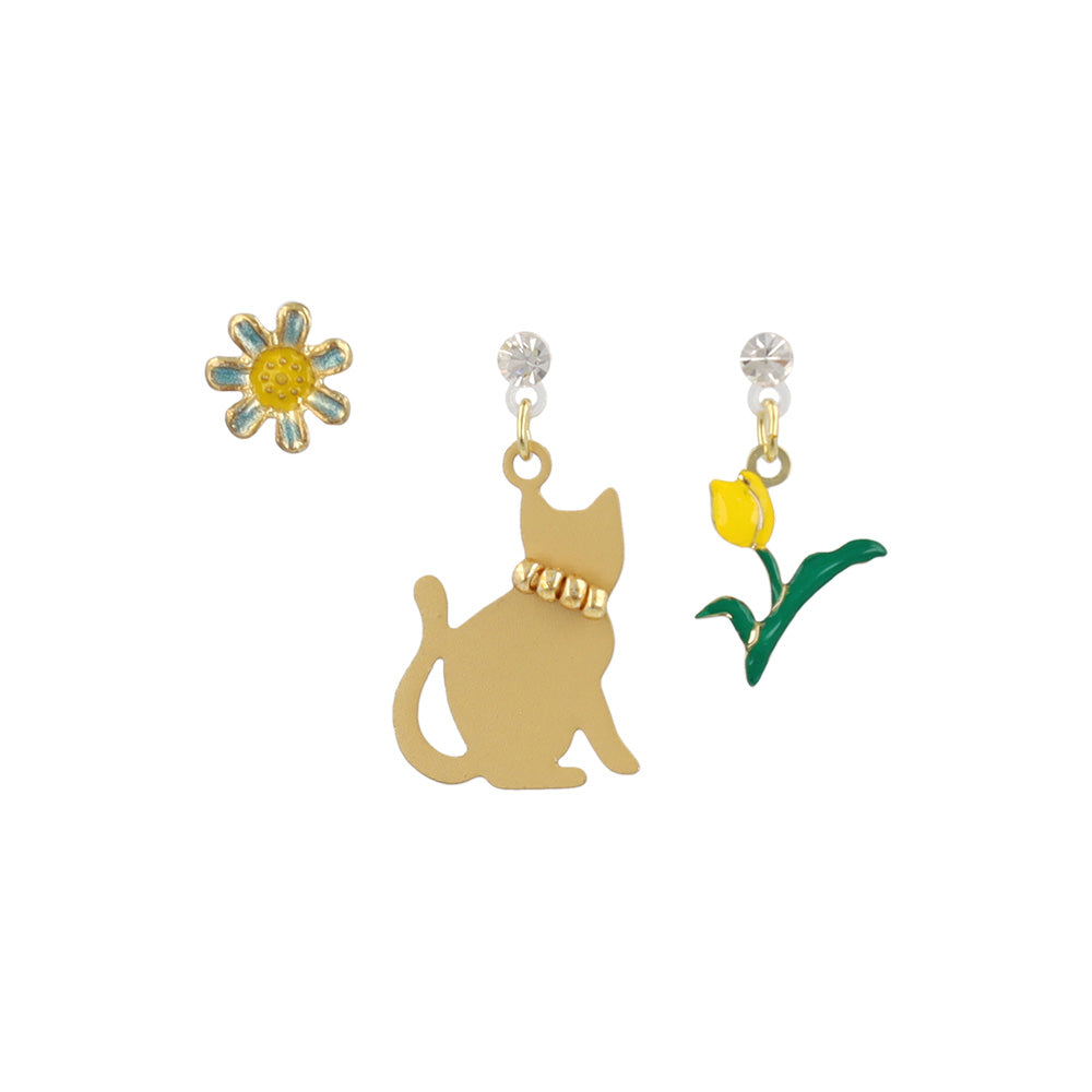 Cat and Flower Plastic Earring Set