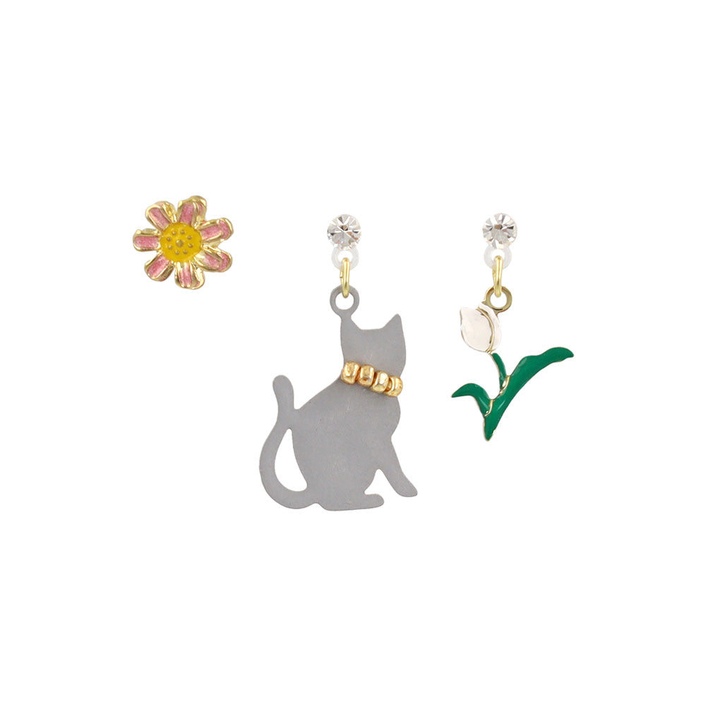 Cat and Flower Plastic Earring Set
