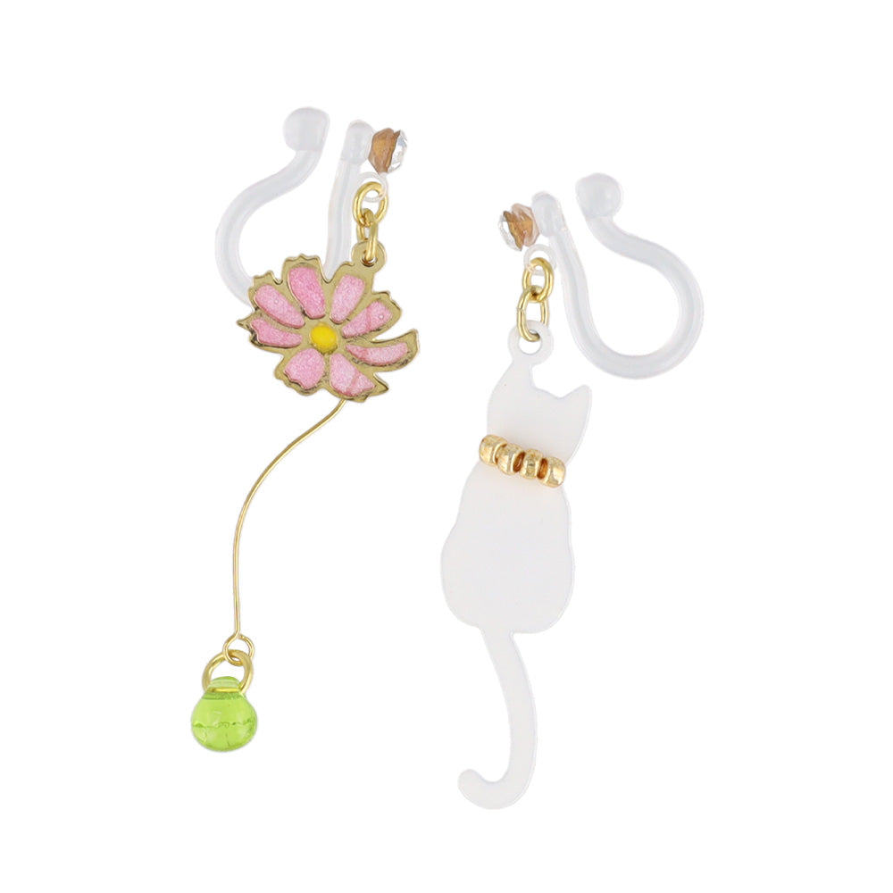 Cat and Flower Invisible Clip On Earrings