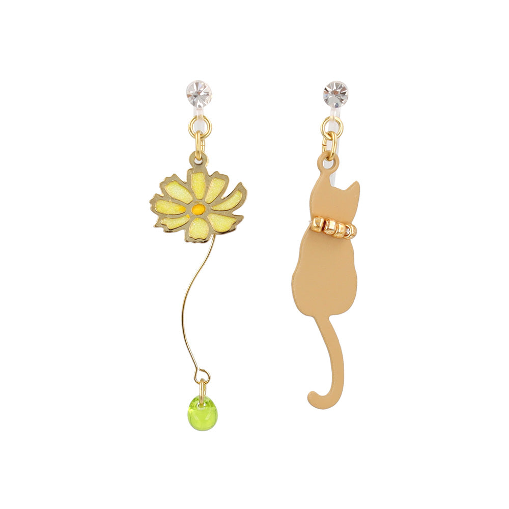 Cat and Flower Invisible Clip On Earrings