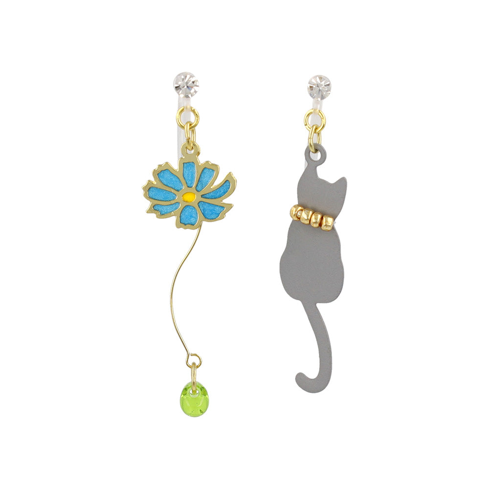 Cat and Flower Invisible Clip On Earrings