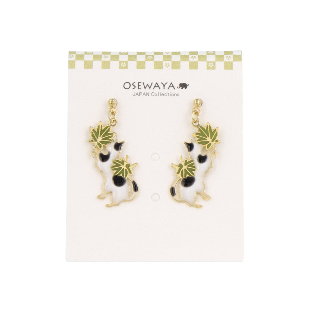 Green Momiji and Cat Earrings