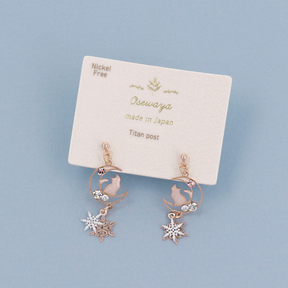 Snowflake and Cat Moon Earrings