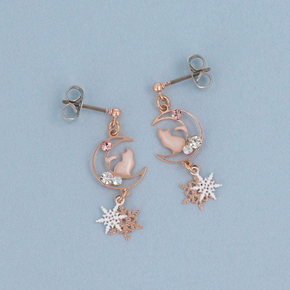 Snowflake and Cat Moon Earrings