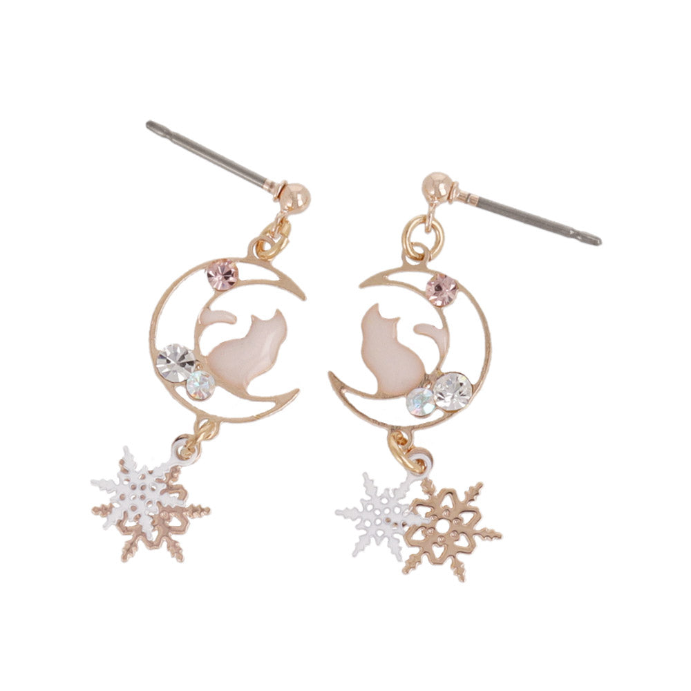 Snowflake and Cat Moon Earrings