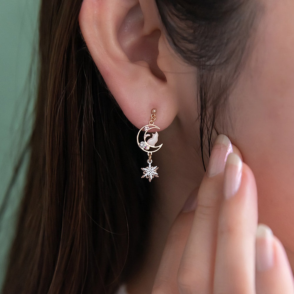 Snowflake and Cat Moon Earrings