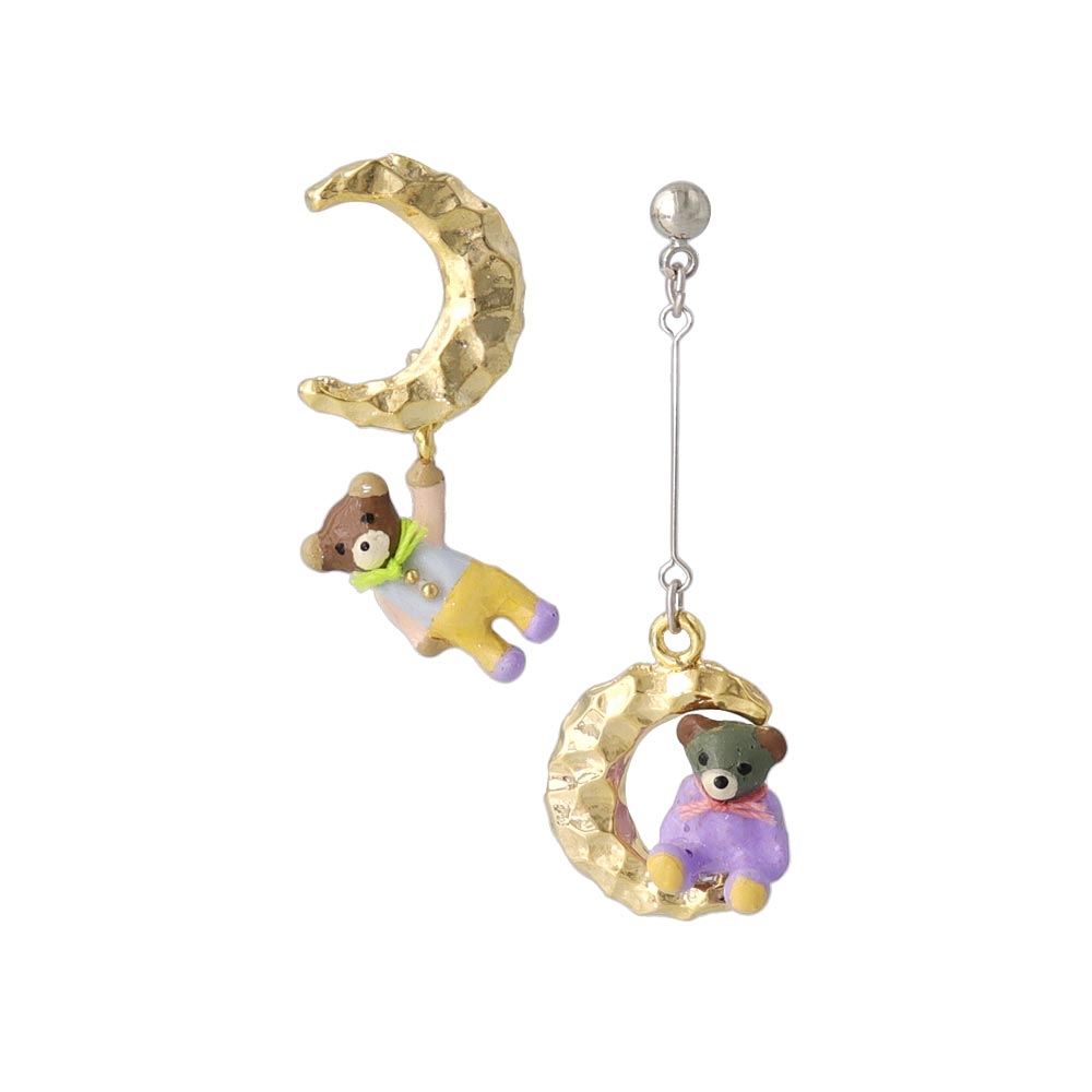 Little Bear and Moon Mismatched Earrings