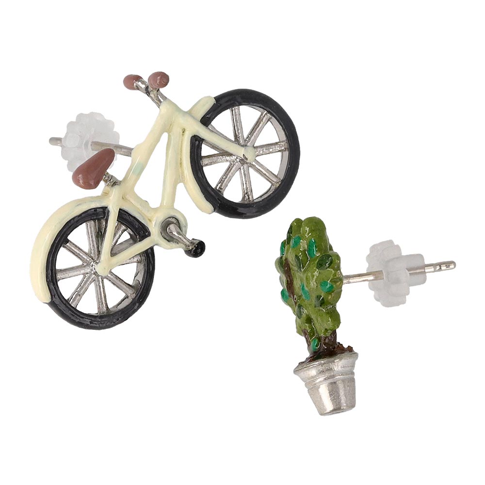 Bicycle and Tree Asymmetric Earrings