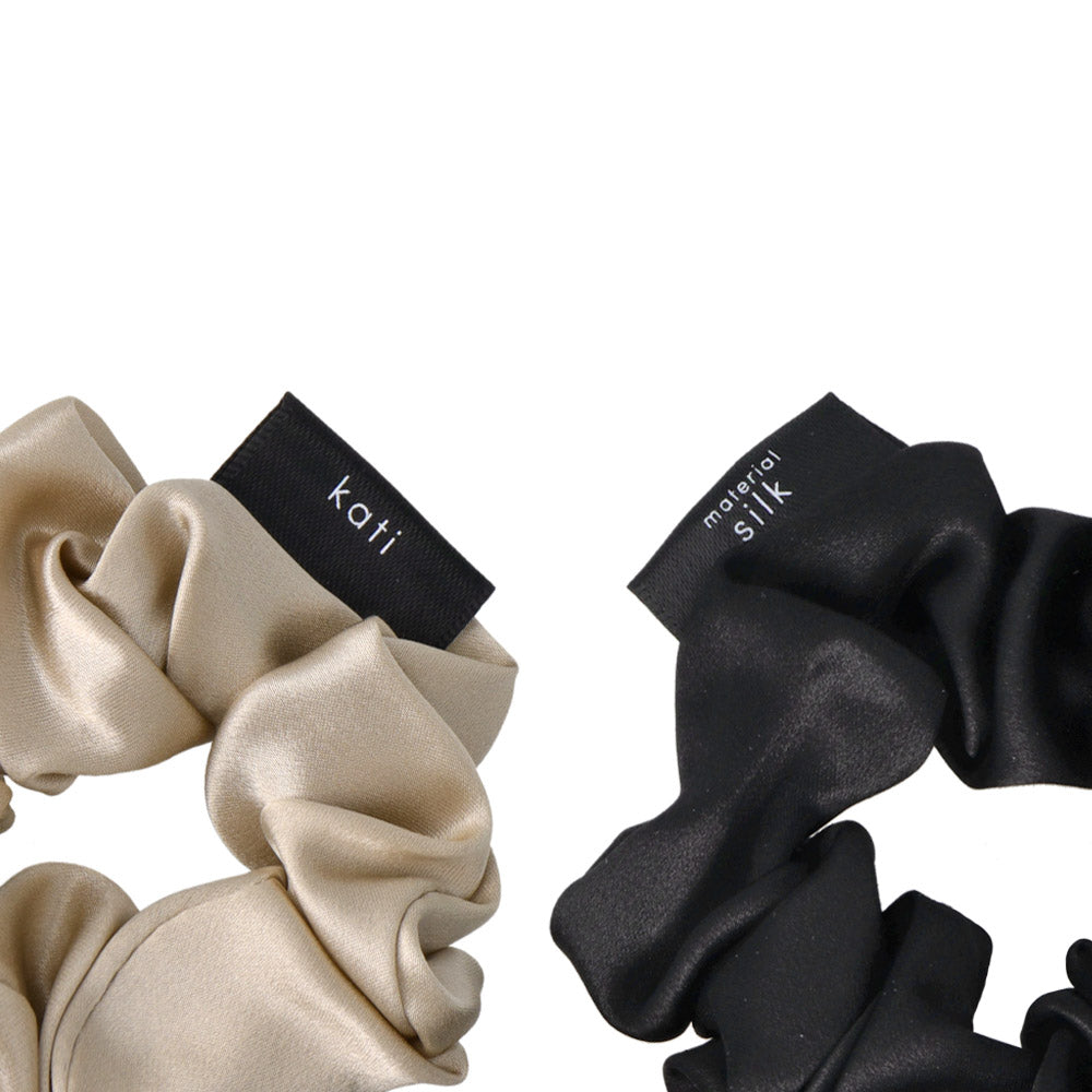 Black and Beige Silk Scrunchie Set