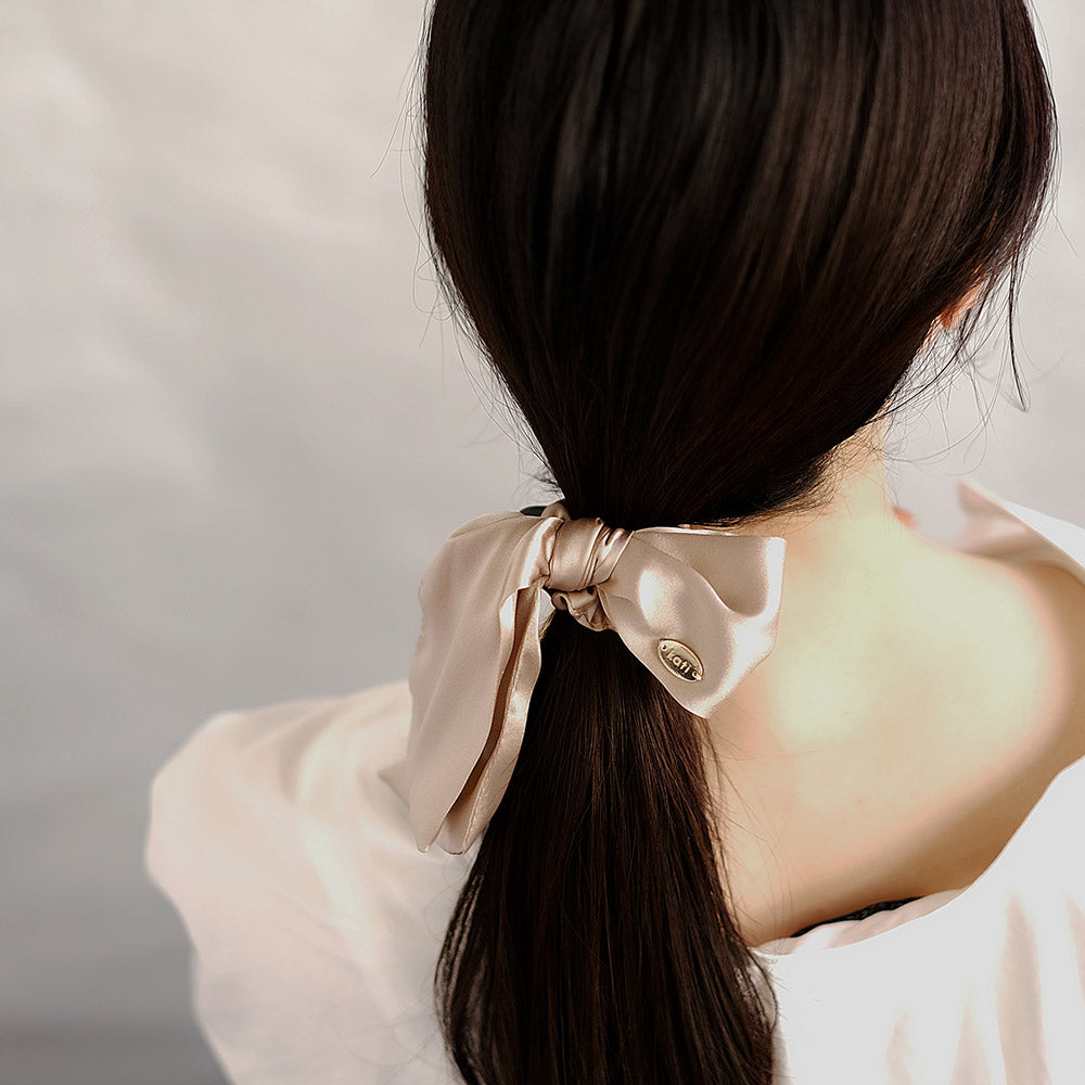 Asymmetric Beige Bow Scrunchie