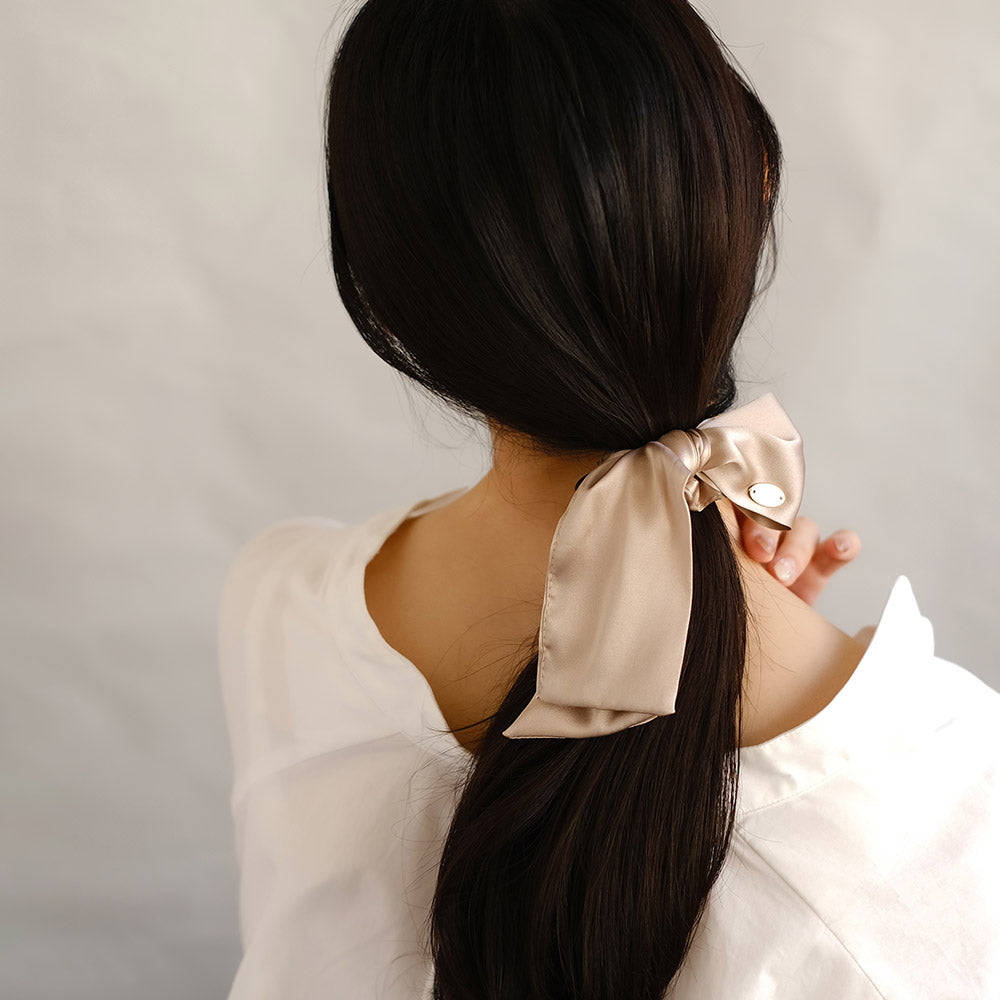Asymmetric Beige Bow Scrunchie