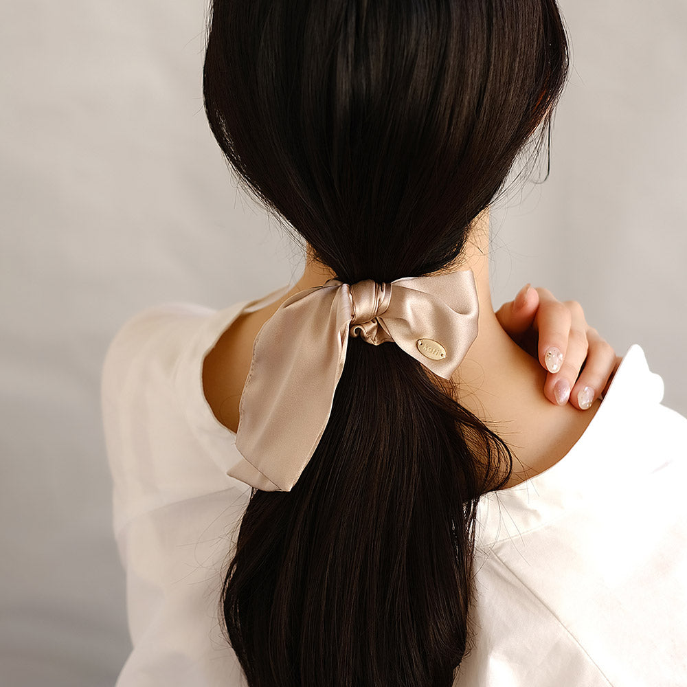 Asymmetric Beige Bow Scrunchie
